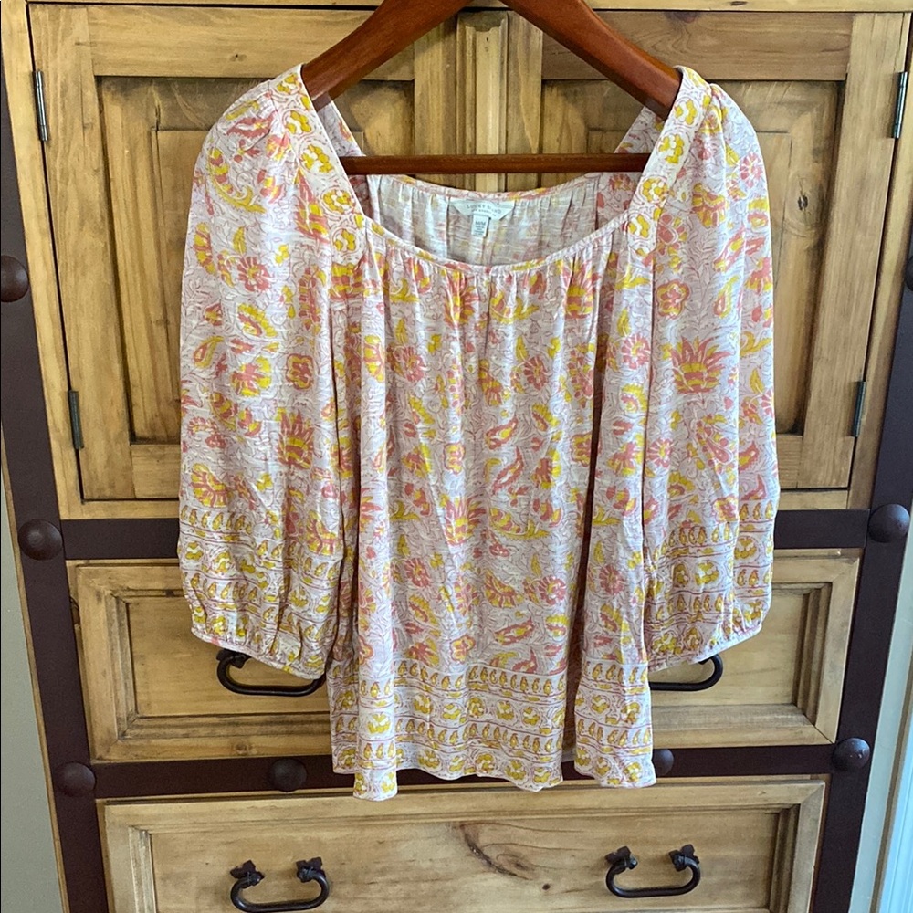 Lucky Brand Smocked 3/4 Sleeve Blouse in Pink and Orange